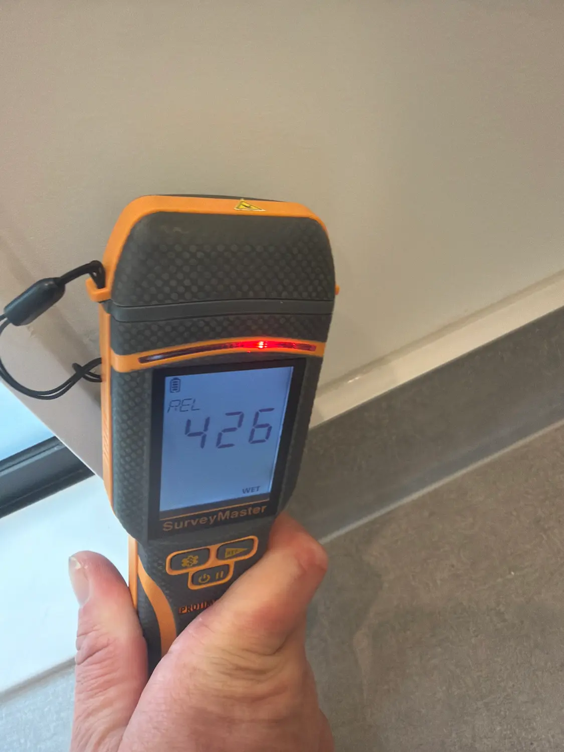 Protimeter SurveyMaster displaying high relative moisture reading during Auckland building inspection